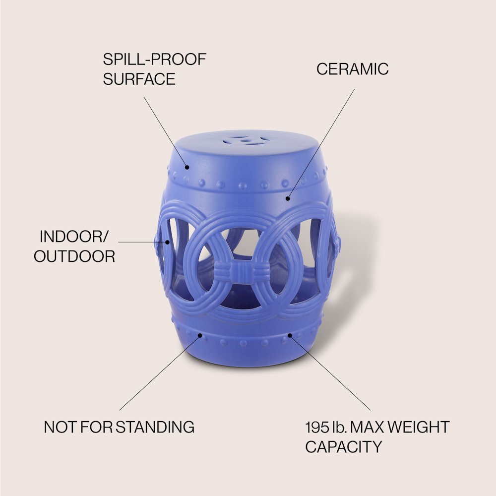 Lucky Coins 16" Matte Blue Ceramic Cutout Interlocking Rings Drum Garden Stool. Picture 5
