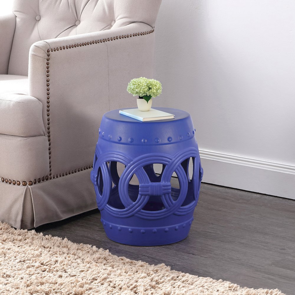 Lucky Coins 16" Matte Blue Ceramic Cutout Interlocking Rings Drum Garden Stool. Picture 1