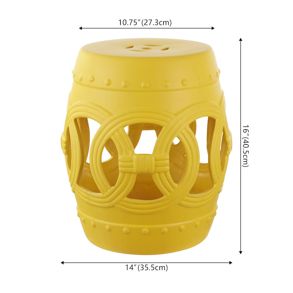 Lucky Coins 16" Matte Yellow Ceramic Cutout Interlocking Rings Drum Garden Stool. Picture 4
