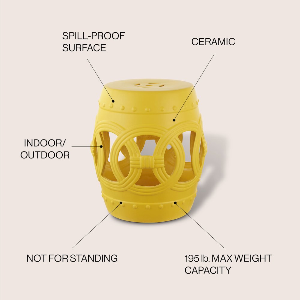 Lucky Coins 16" Matte Yellow Ceramic Cutout Interlocking Rings Drum Garden Stool. Picture 5