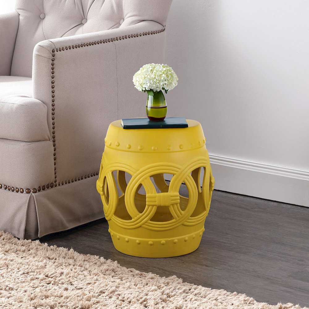 Lucky Coins 16" Matte Yellow Ceramic Cutout Interlocking Rings Drum Garden Stool. Picture 1