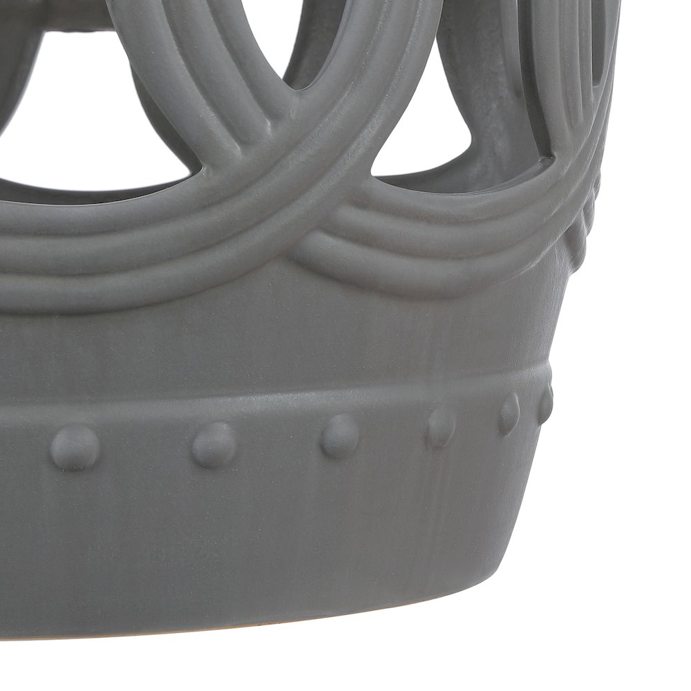 Lucky Coins 16" Matte Gray Ceramic Cutout Interlocking Rings Drum Garden Stool. Picture 3