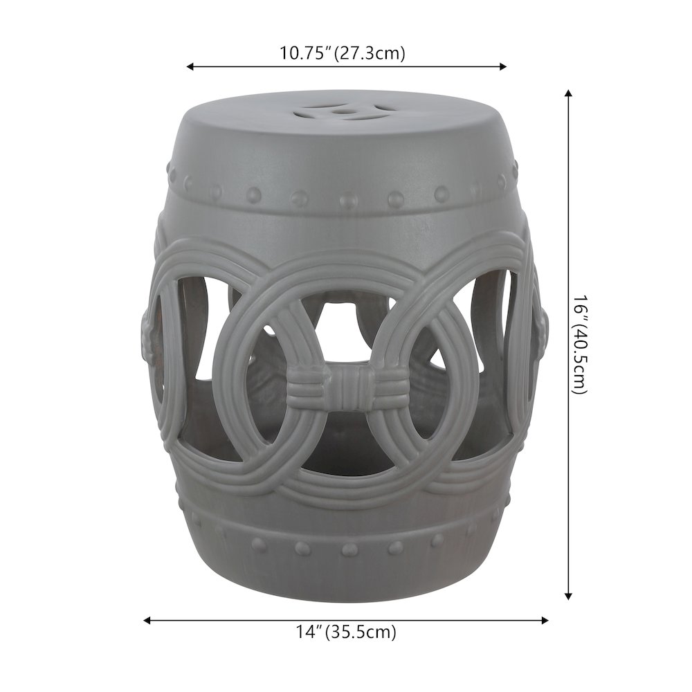 Lucky Coins 16" Matte Gray Ceramic Cutout Interlocking Rings Drum Garden Stool. Picture 4