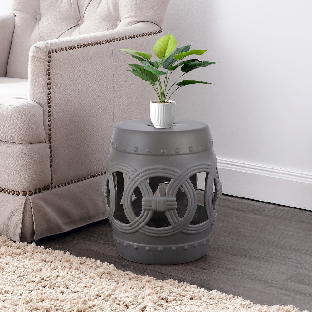 Lucky Coins 16" Matte Gray Ceramic Cutout Interlocking Rings Drum Garden Stool. Picture 1