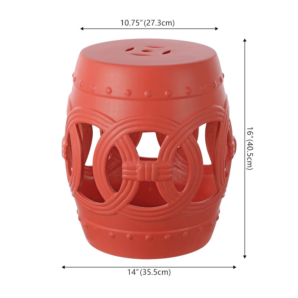 Lucky Coins 16" Matte Coral Ceramic Cutout Interlocking Rings Drum Garden Stool. Picture 4