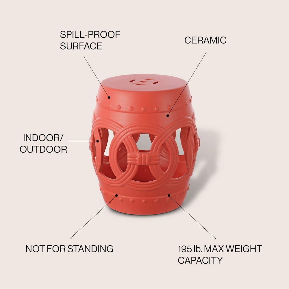 Lucky Coins 16" Matte Coral Ceramic Cutout Interlocking Rings Drum Garden Stool. Picture 5