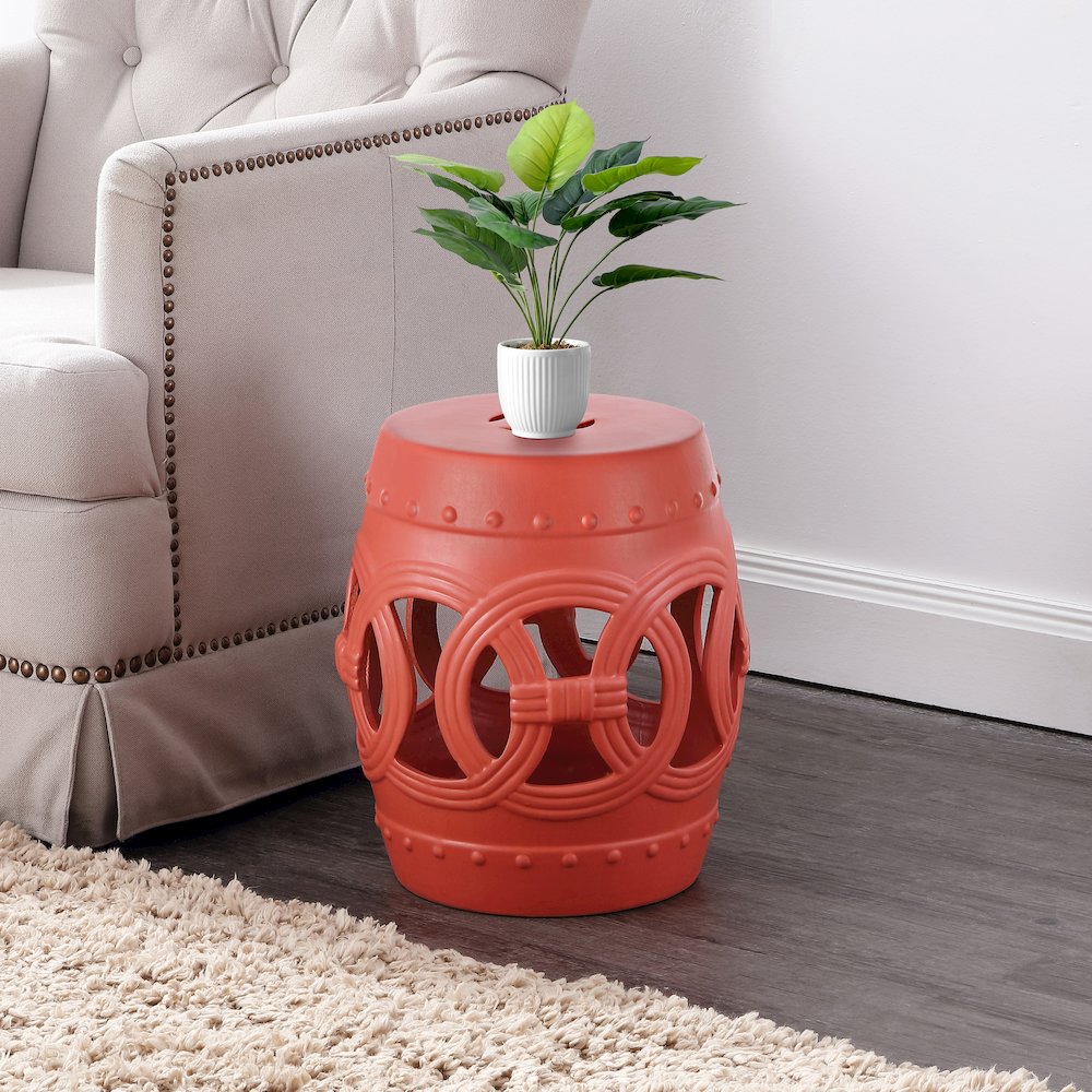 Lucky Coins 16" Matte Coral Ceramic Cutout Interlocking Rings Drum Garden Stool. Picture 1