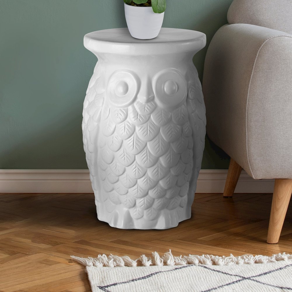 Groovy Owl 17.5" Traditional White Floral Chinoiserie Ceramic Drum Garden Stool. Picture 2