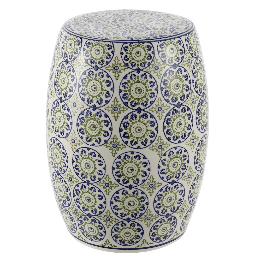 Lula 17.25" Blue and Green Floral Chinoiserie Ceramic Drum Garden Stool. Picture 1