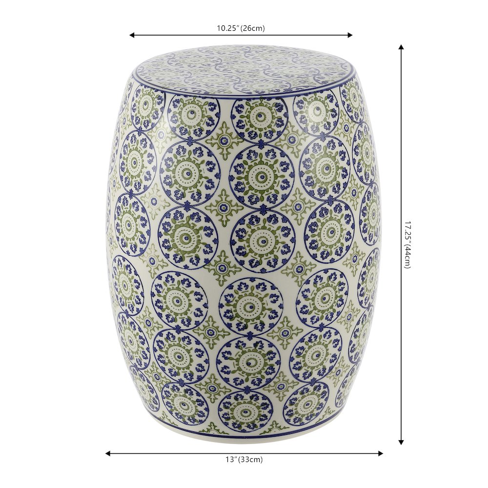 Lula 17.25" Blue and Green Floral Chinoiserie Ceramic Drum Garden Stool. Picture 3