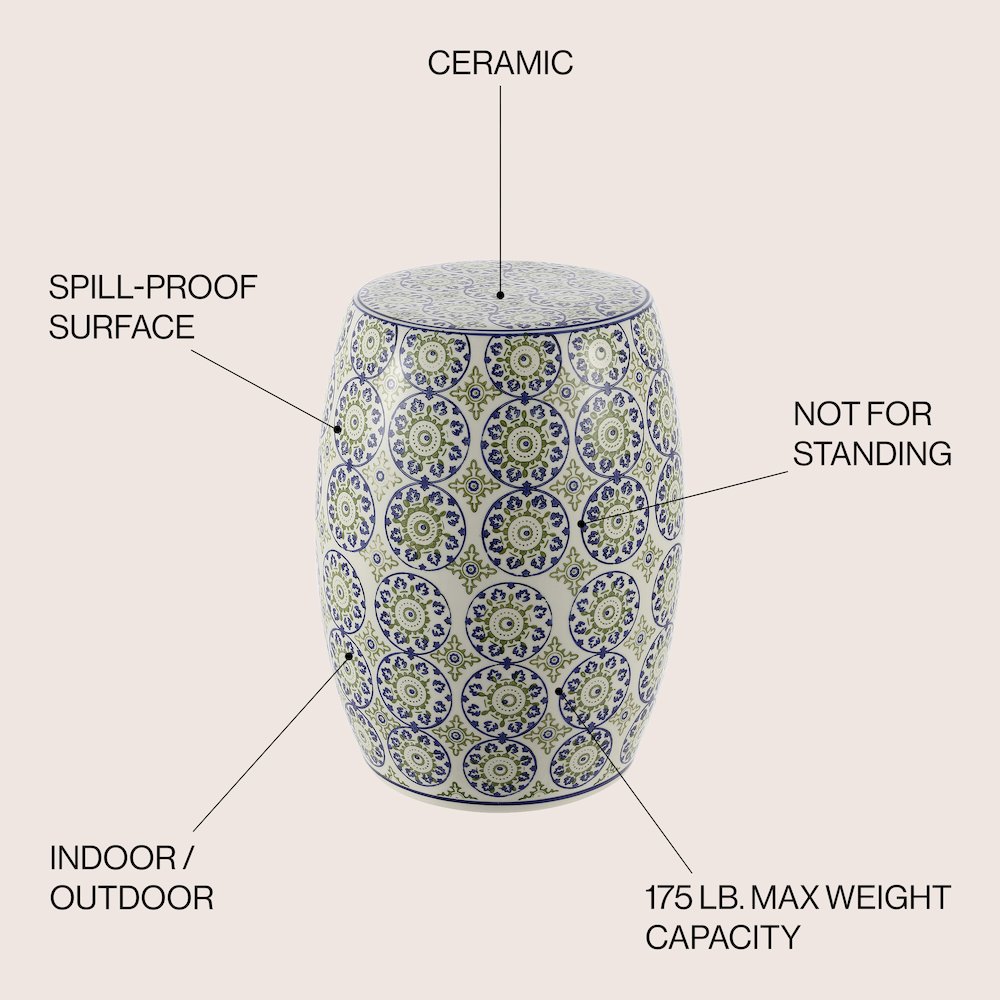 Lula 17.25" Blue and Green Floral Chinoiserie Ceramic Drum Garden Stool. Picture 4