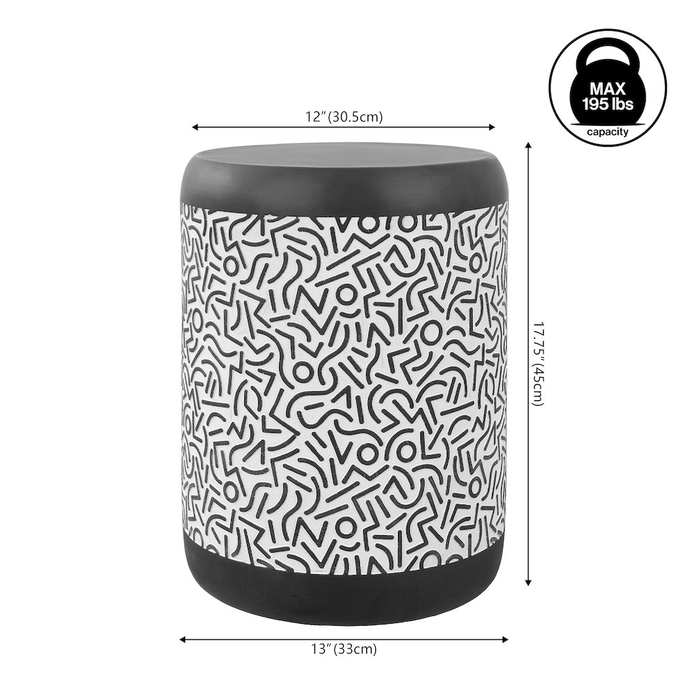 Indi 17.75" Modern Geometric Black and White Concrete Drum Garden Stool. Picture 2