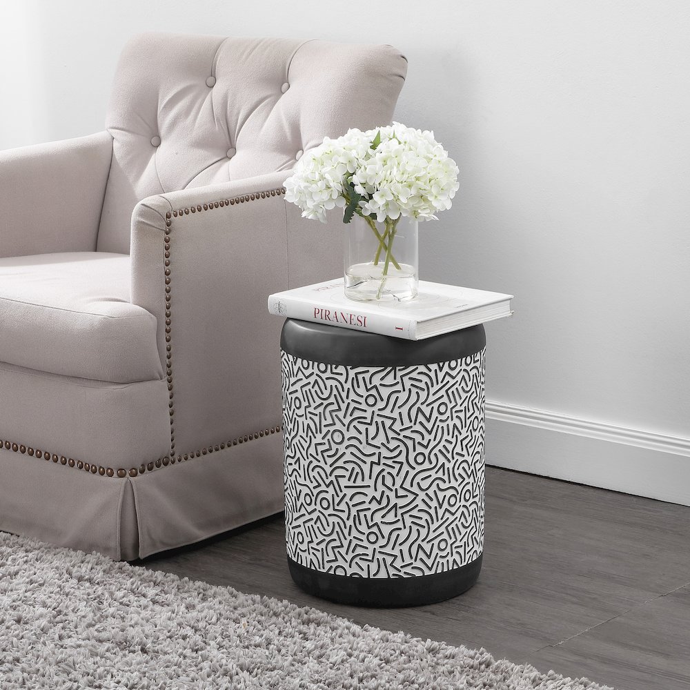 Indi 17.75" Modern Geometric Black and White Concrete Drum Garden Stool. Picture 3
