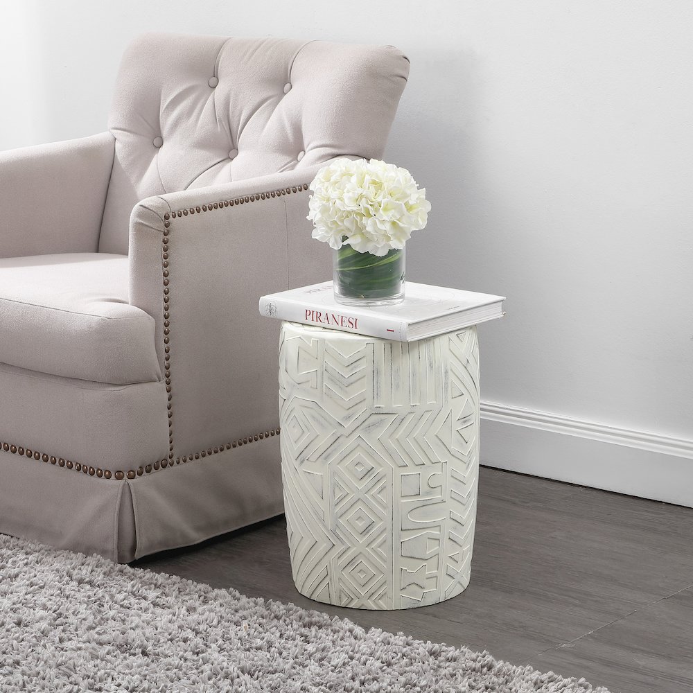 Rafi 17.75" Southwestern Distressed Cream Concrete Geometric Garden Stool. Picture 3