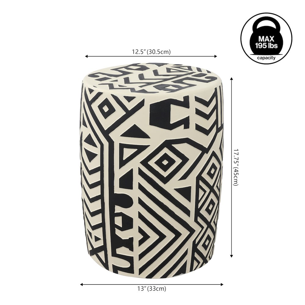 Rafi 17.75" Southwestern Distressed Black/Cream Concrete Geometric Garden Stool. Picture 2
