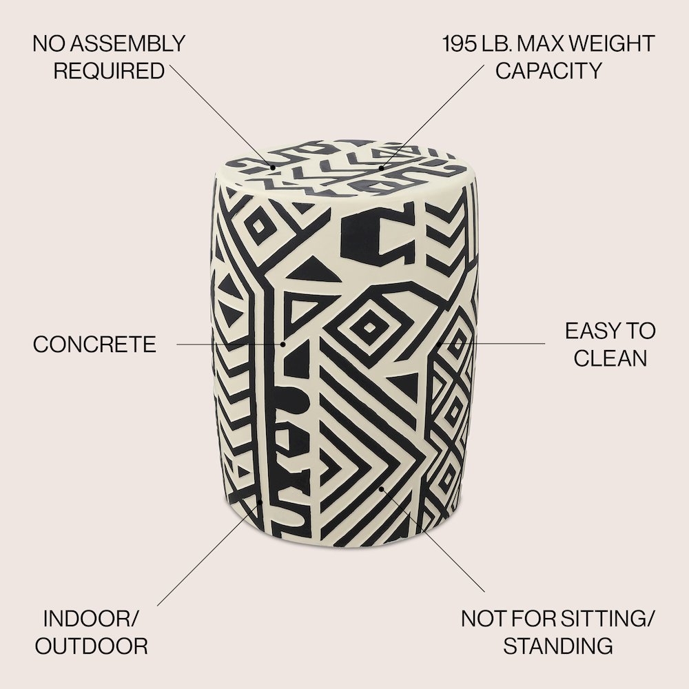 Rafi 17.75" Southwestern Distressed Black/Cream Concrete Geometric Garden Stool. Picture 1