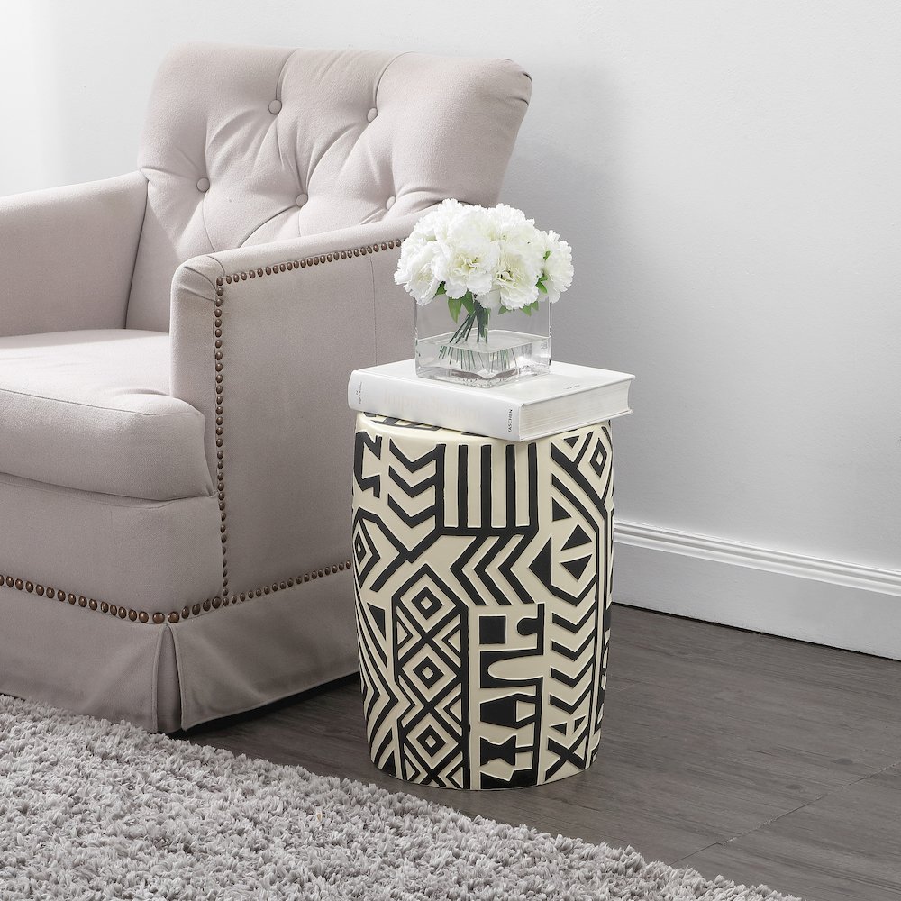 Rafi 17.75" Southwestern Distressed Black/Cream Concrete Geometric Garden Stool. Picture 3
