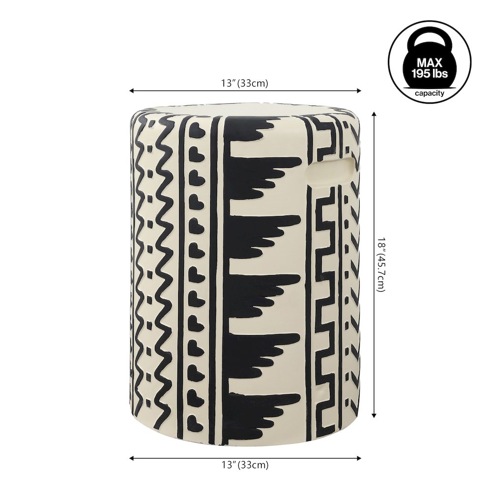 Yoli Bohemian 18" Black and Cream Geometric Concrete Outdoor Garden Stool with. Picture 2