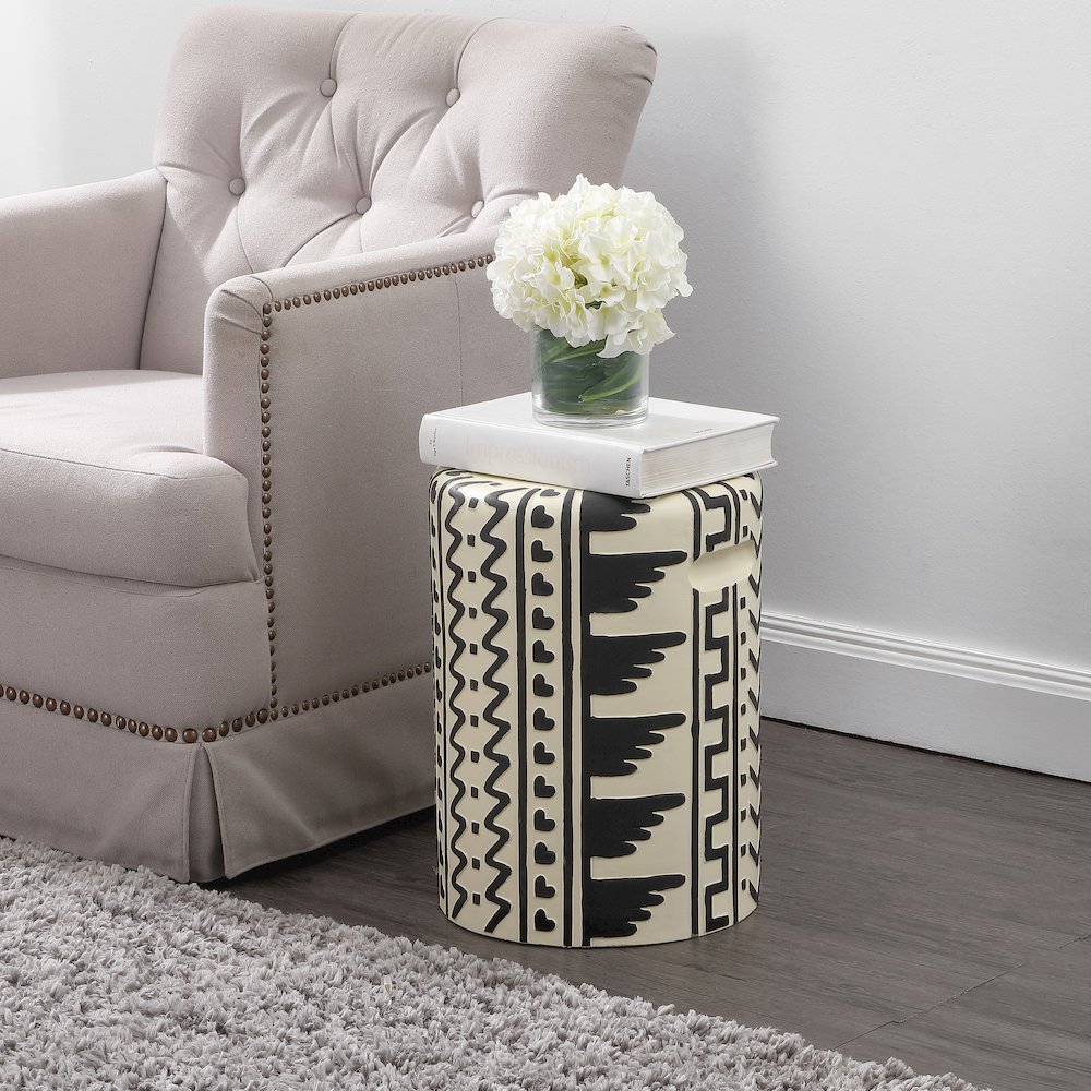 Yoli Bohemian 18" Black and Cream Geometric Concrete Outdoor Garden Stool with. Picture 3