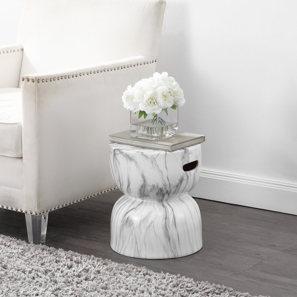 Zakhai Modern 14.75" White/Gray Faux Marble Ceramic Indoor/Outdoor Garden Stool. Picture 3