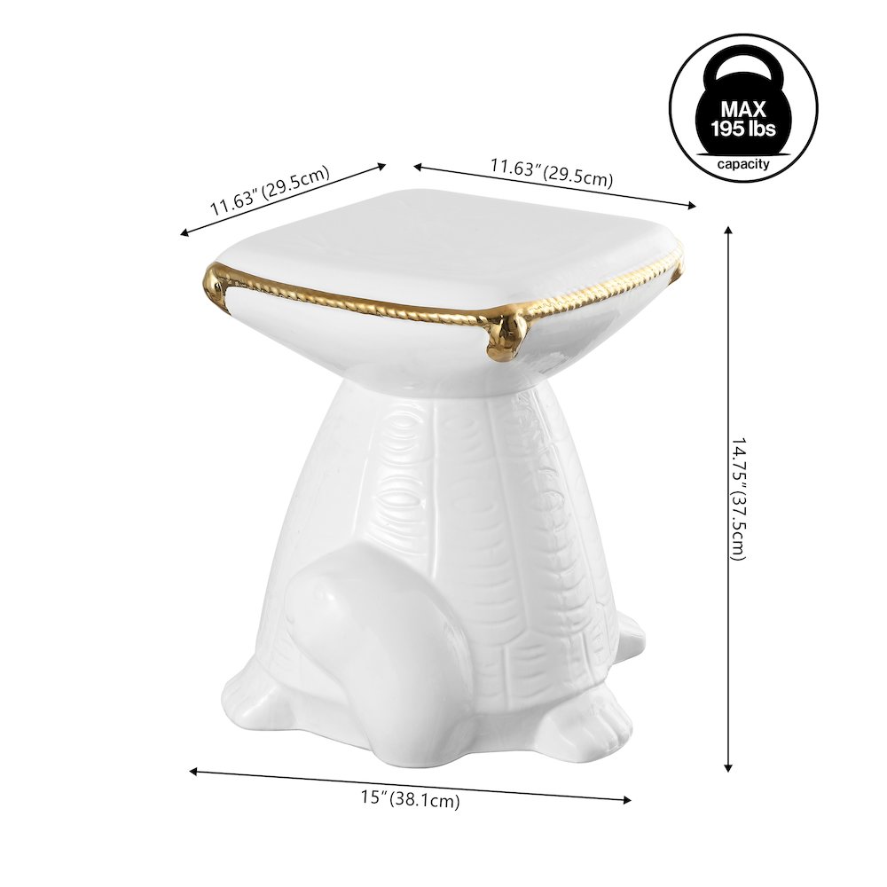 Caspian 15" Coastal White/Gold Ceramic Turtle Garden Stool. Picture 4