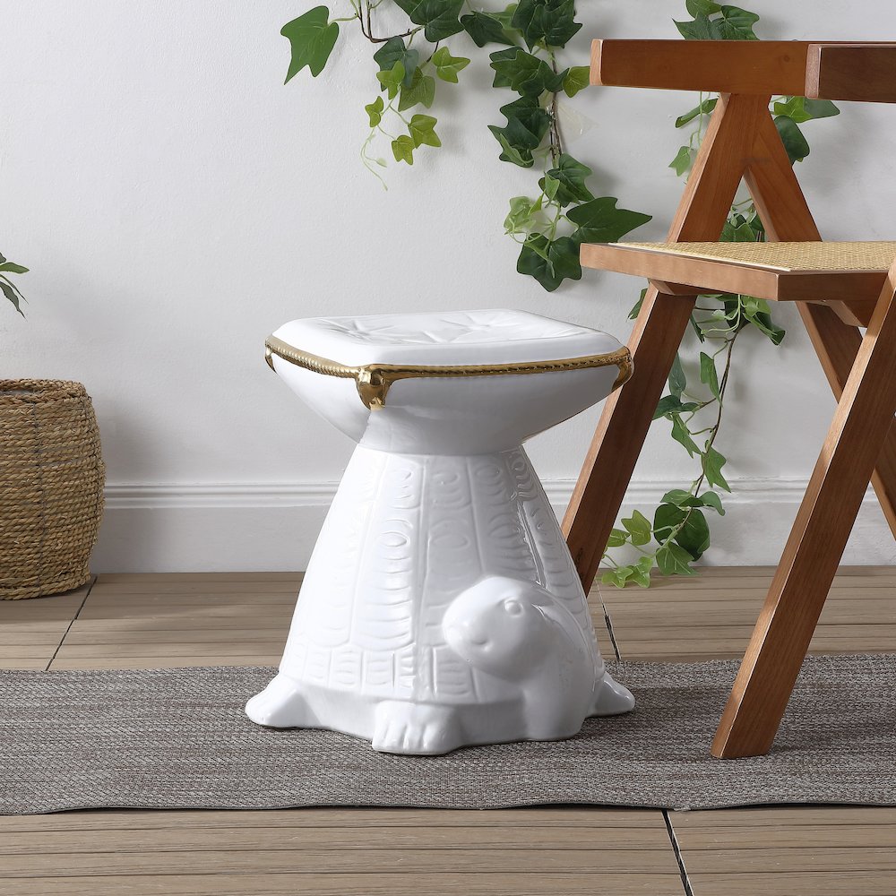 Caspian 15" Coastal White/Gold Ceramic Turtle Garden Stool. Picture 2