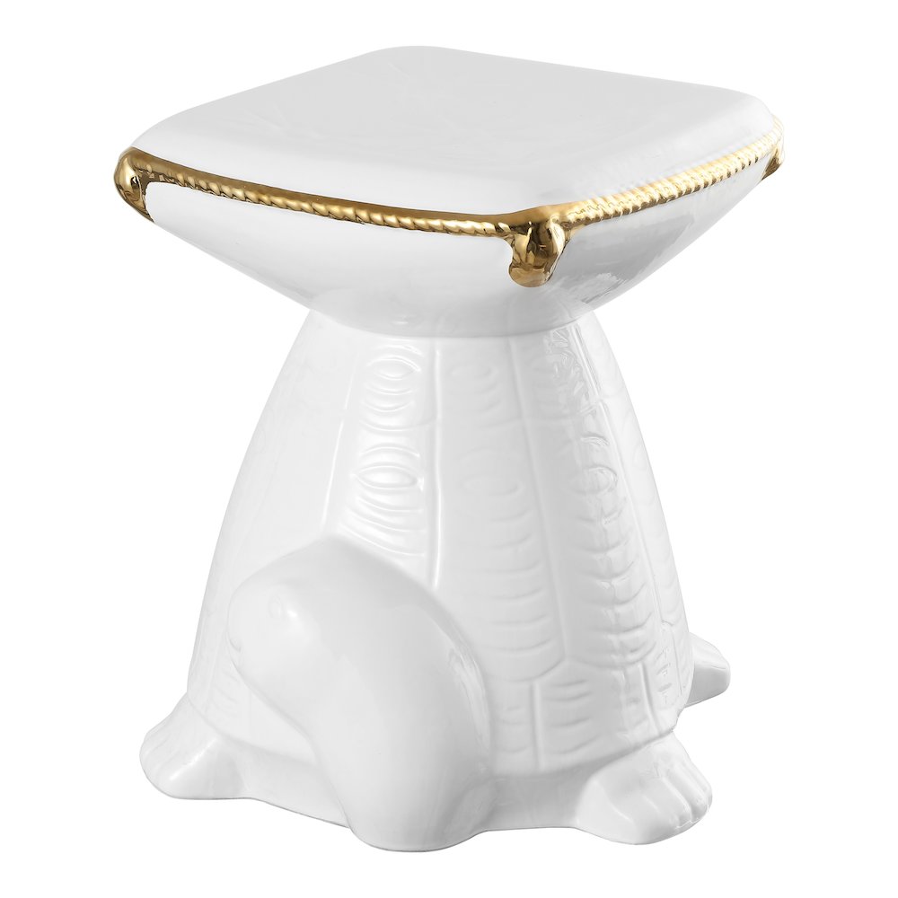 Caspian 15" Coastal White/Gold Ceramic Turtle Garden Stool. Picture 1