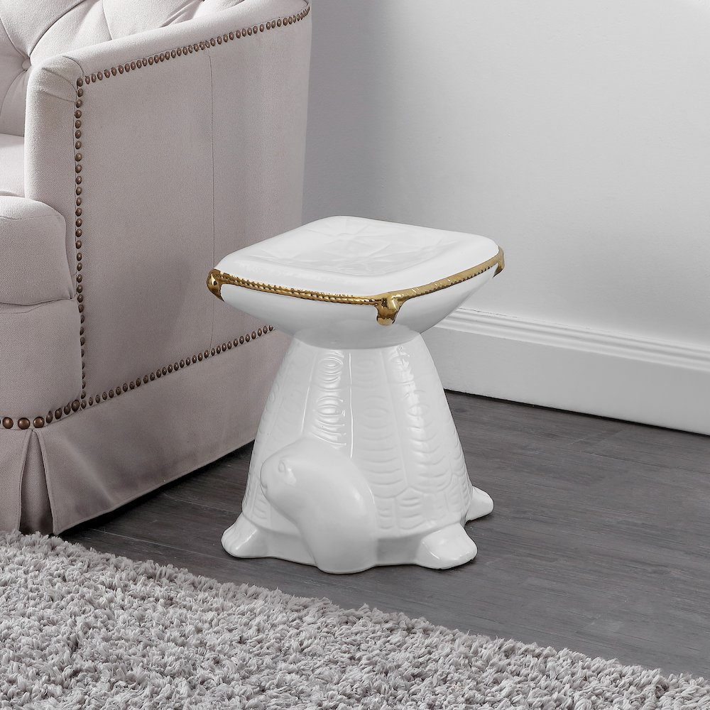 Caspian 15" Coastal White/Gold Ceramic Turtle Garden Stool. Picture 3
