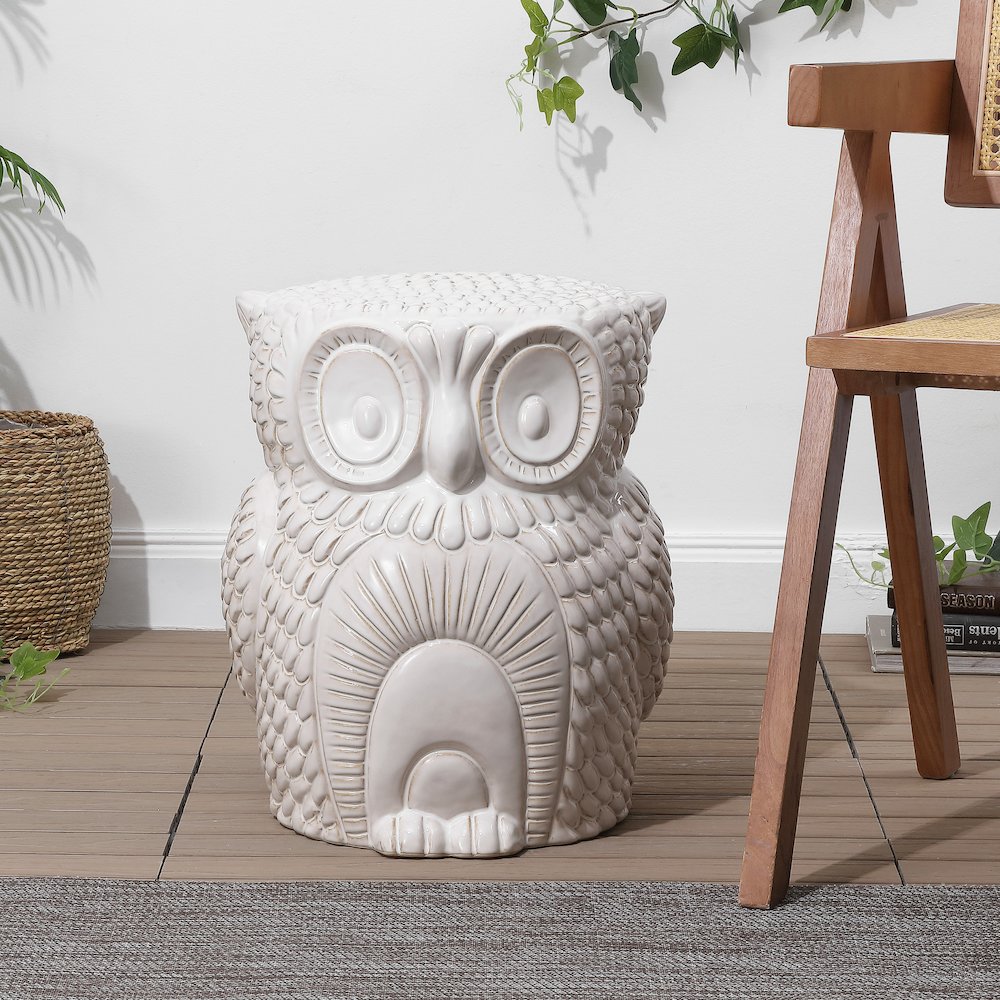 Millie 17.5" Cottage White Ceramic Owl Garden Stool. Picture 2