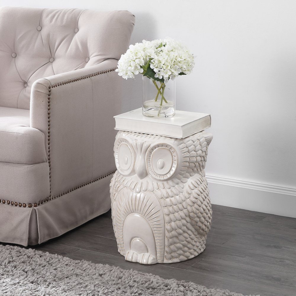 Millie 17.5" Cottage White Ceramic Owl Garden Stool. Picture 3