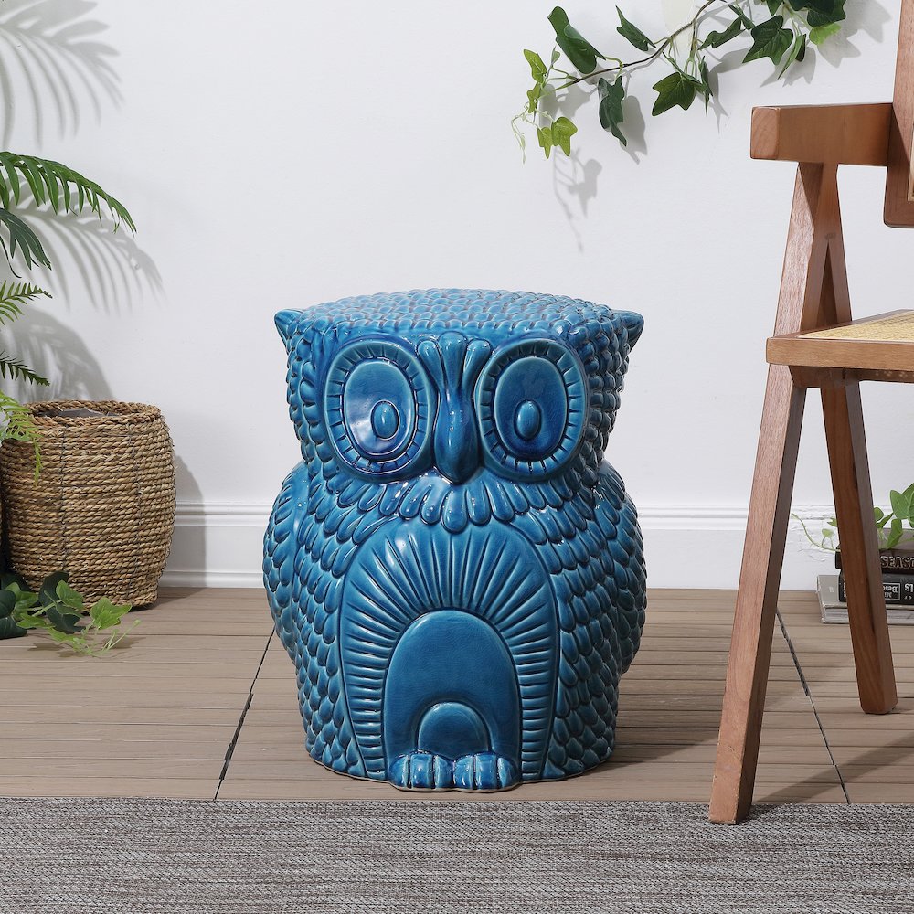 Millie 17.5" Cottage Blue Cracks Ceramic Owl Garden Stool. Picture 2