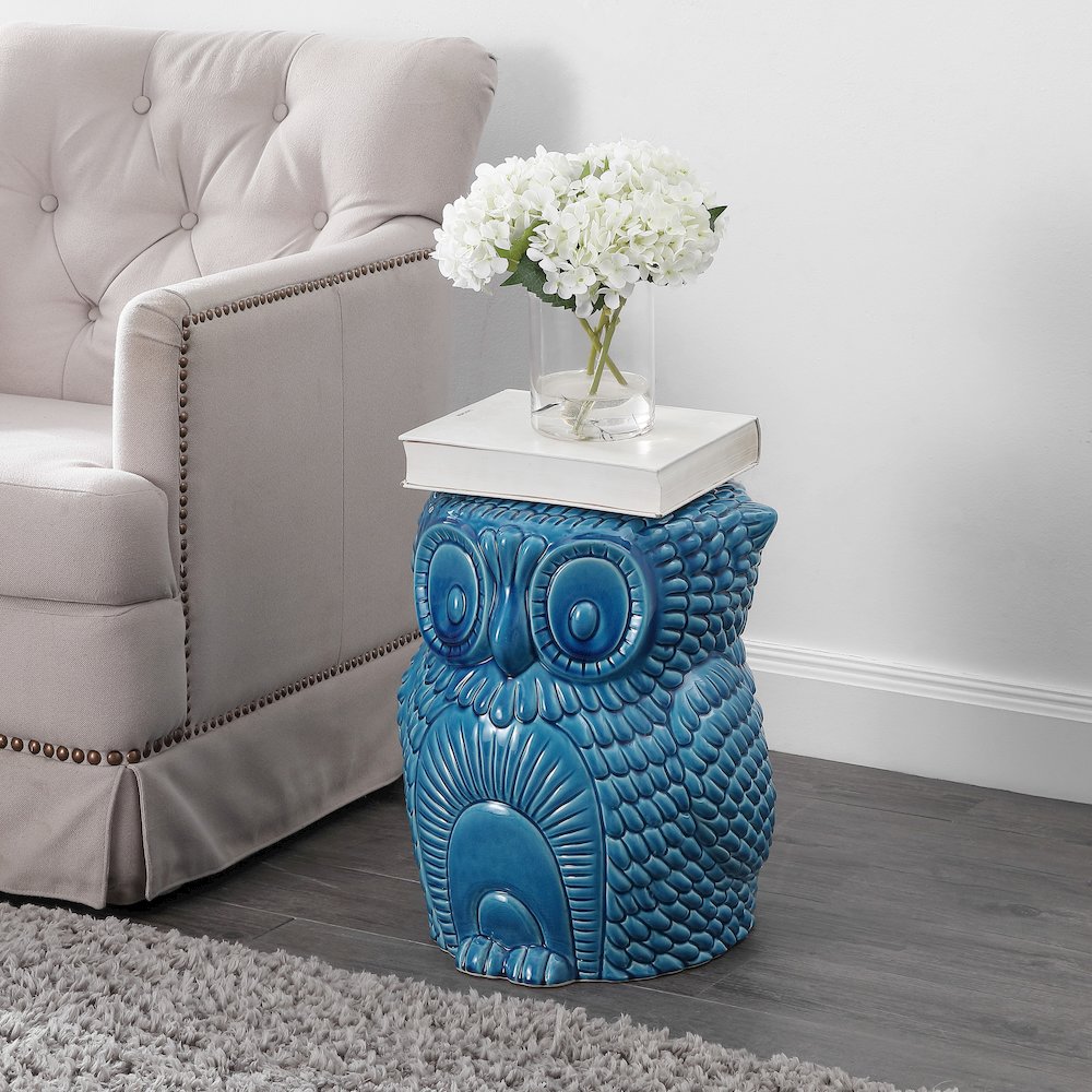 Millie 17.5" Cottage Blue Cracks Ceramic Owl Garden Stool. Picture 3