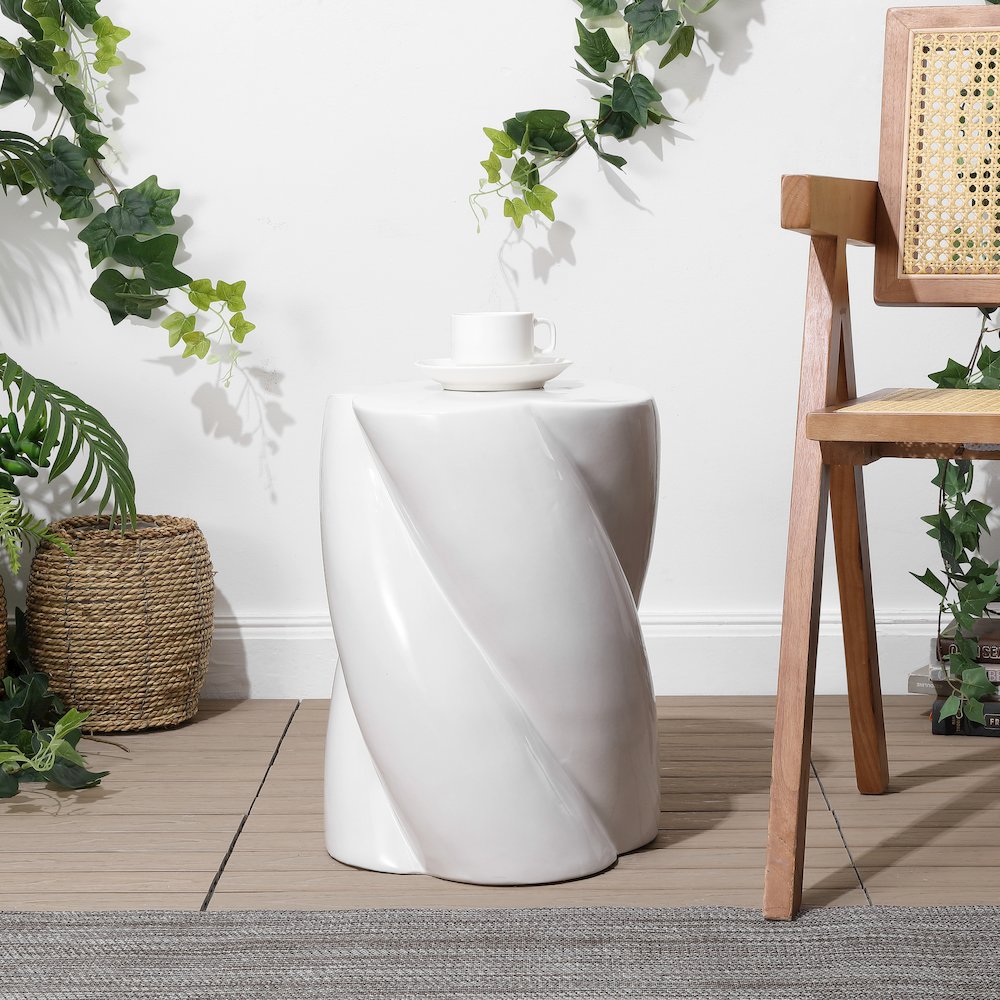 Yves 17.5" Glossy Off-White Ceramic Twisted Garden Stool - Indoor/Outdoor. Picture 2