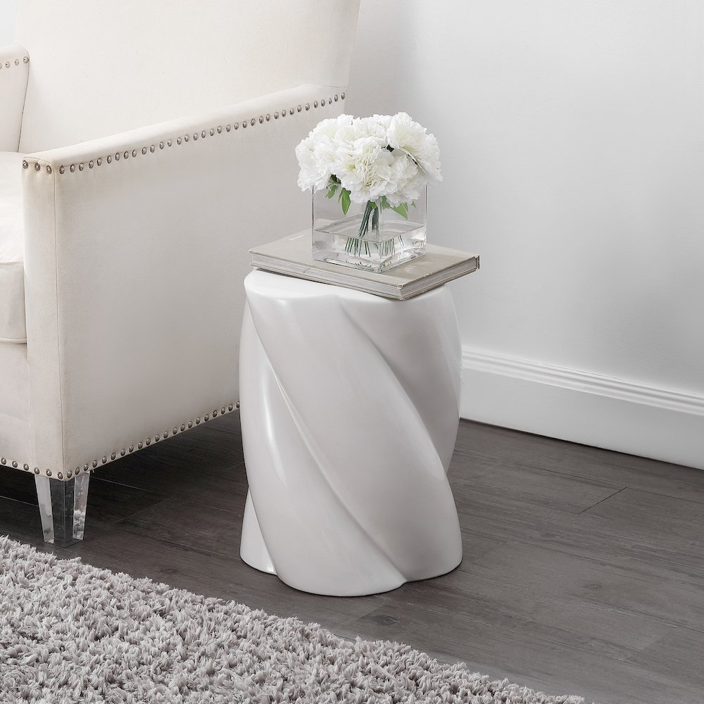 Yves 17.5" Glossy Off-White Ceramic Twisted Garden Stool - Indoor/Outdoor. Picture 3