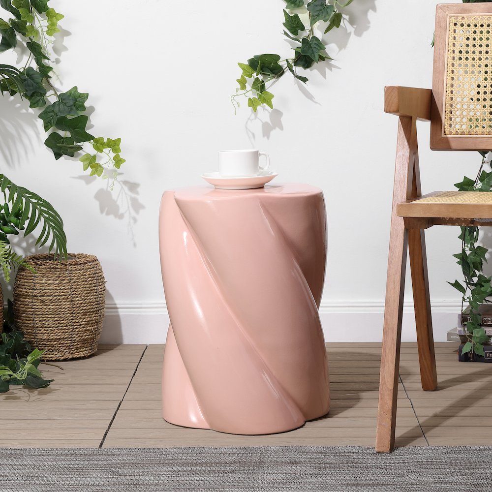 Yves 17.5" Glossy Pink Ceramic Twisted Garden Stool - Indoor/Outdoor Accent. Picture 2