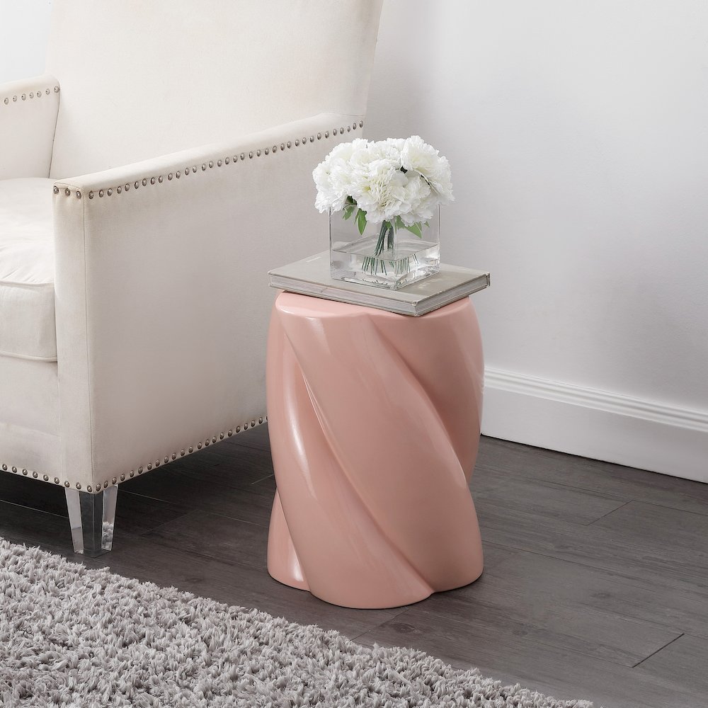 Yves 17.5" Glossy Pink Ceramic Twisted Garden Stool - Indoor/Outdoor Accent. Picture 3