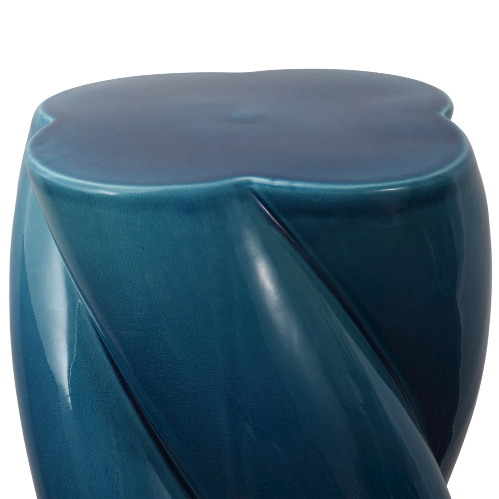 Yves 17.5" Glossy Cracked Blue Ceramic Twisted Garden Stool - Indoor/Outdoor. Picture 3