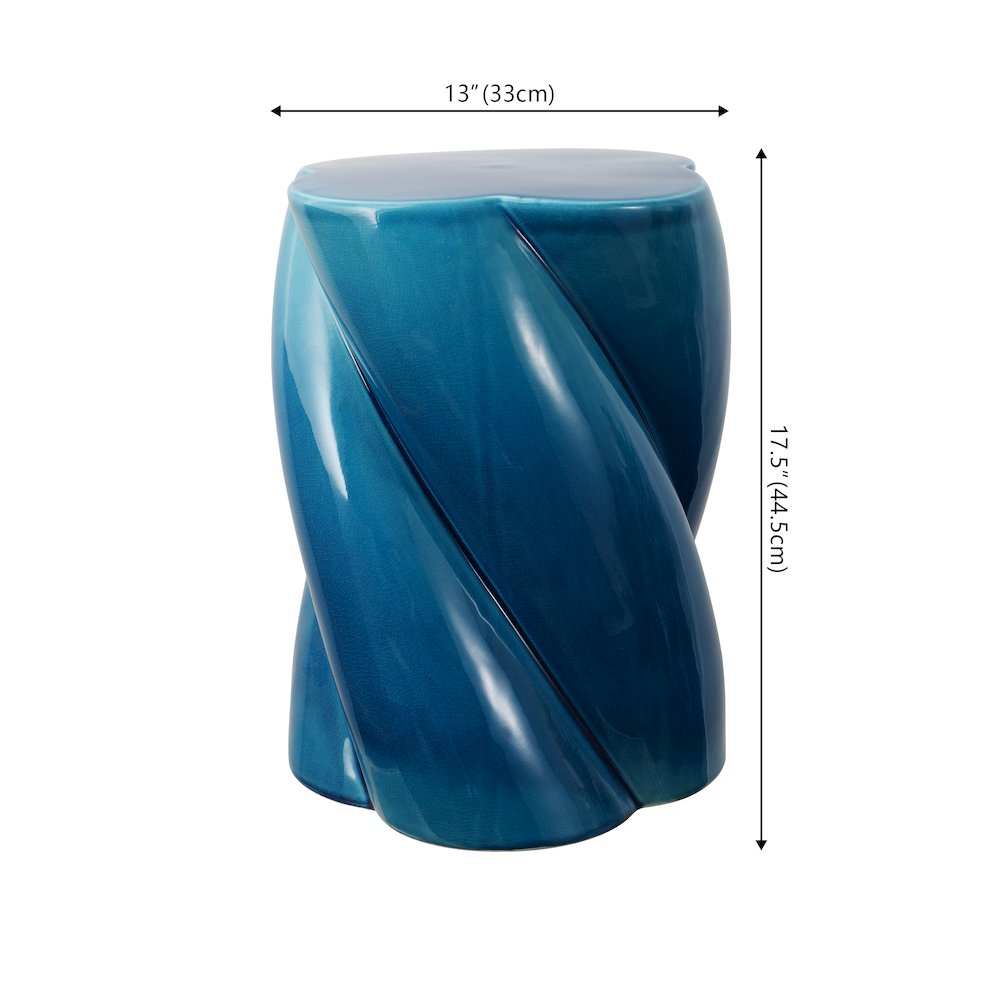 Yves 17.5" Glossy Cracked Blue Ceramic Twisted Garden Stool - Indoor/Outdoor. Picture 4