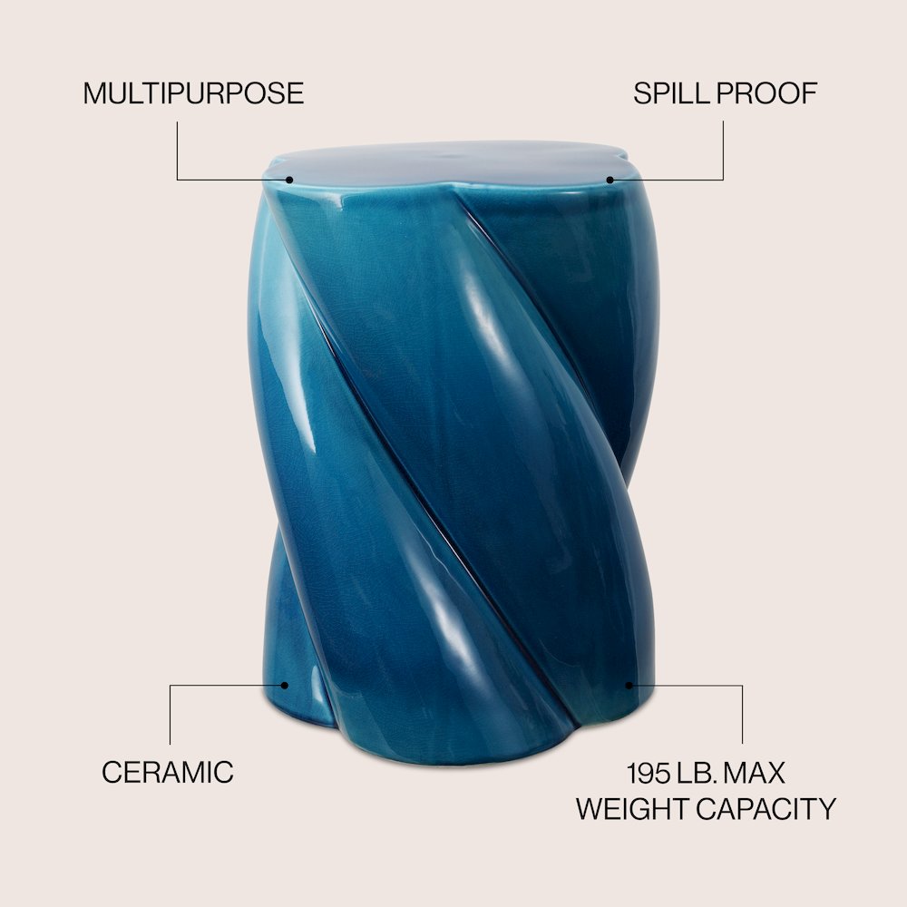 Yves 17.5" Glossy Cracked Blue Ceramic Twisted Garden Stool - Indoor/Outdoor. Picture 5