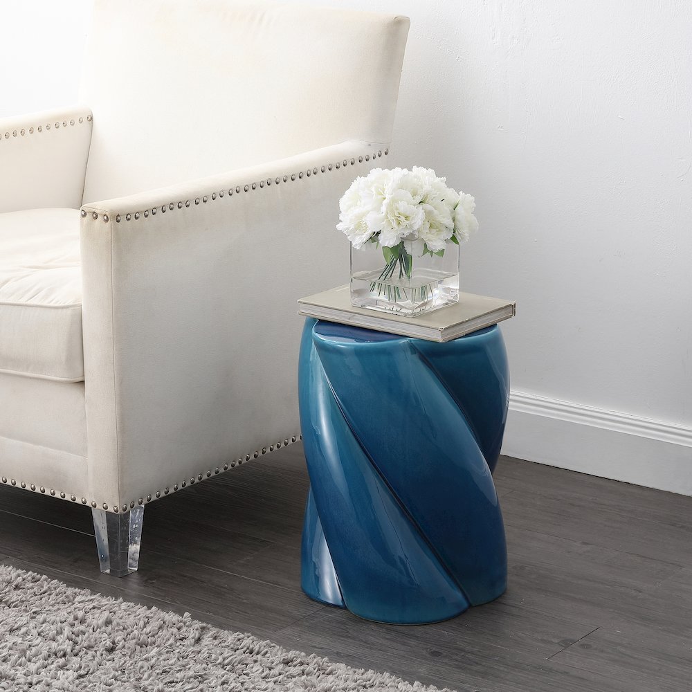 Yves 17.5" Glossy Cracked Blue Ceramic Twisted Garden Stool - Indoor/Outdoor. Picture 2