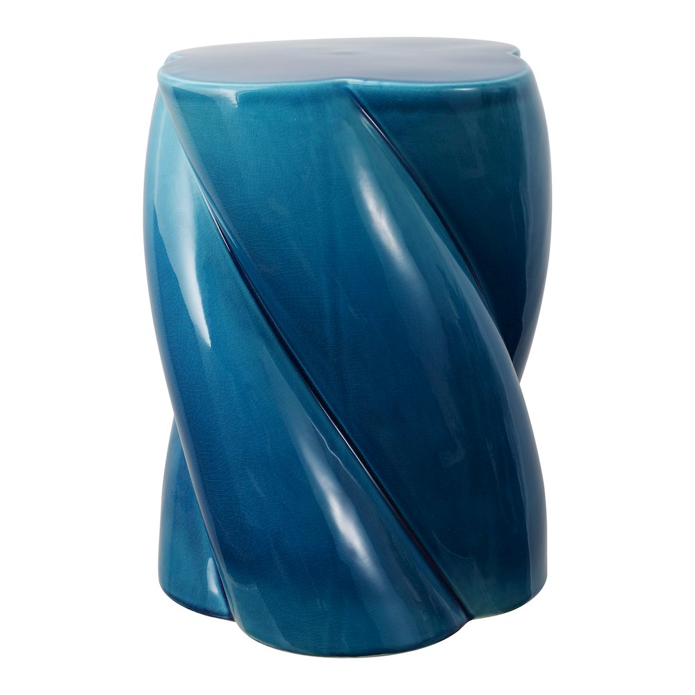 Yves 17.5" Glossy Cracked Blue Ceramic Twisted Garden Stool - Indoor/Outdoor. Picture 1