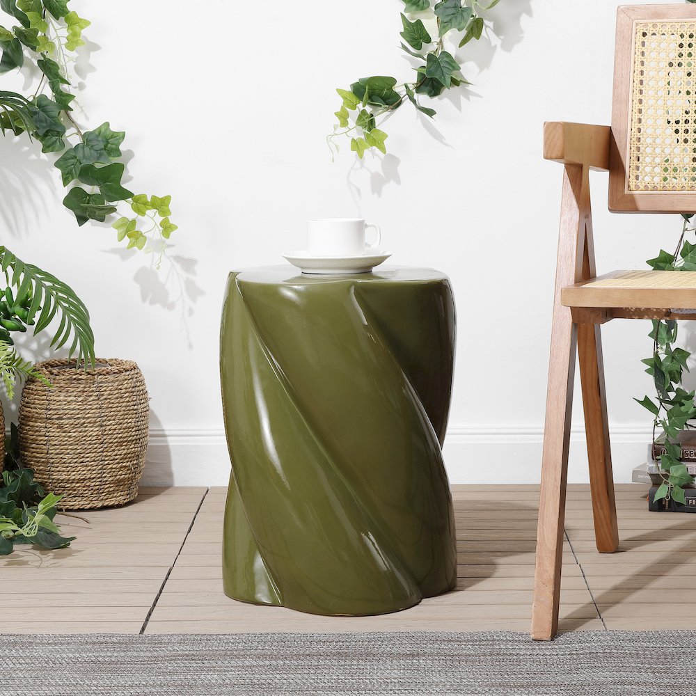 Yves 17.5" Glossy Forest Green Ceramic Twisted Garden Stool - Indoor/Outdoor. Picture 2