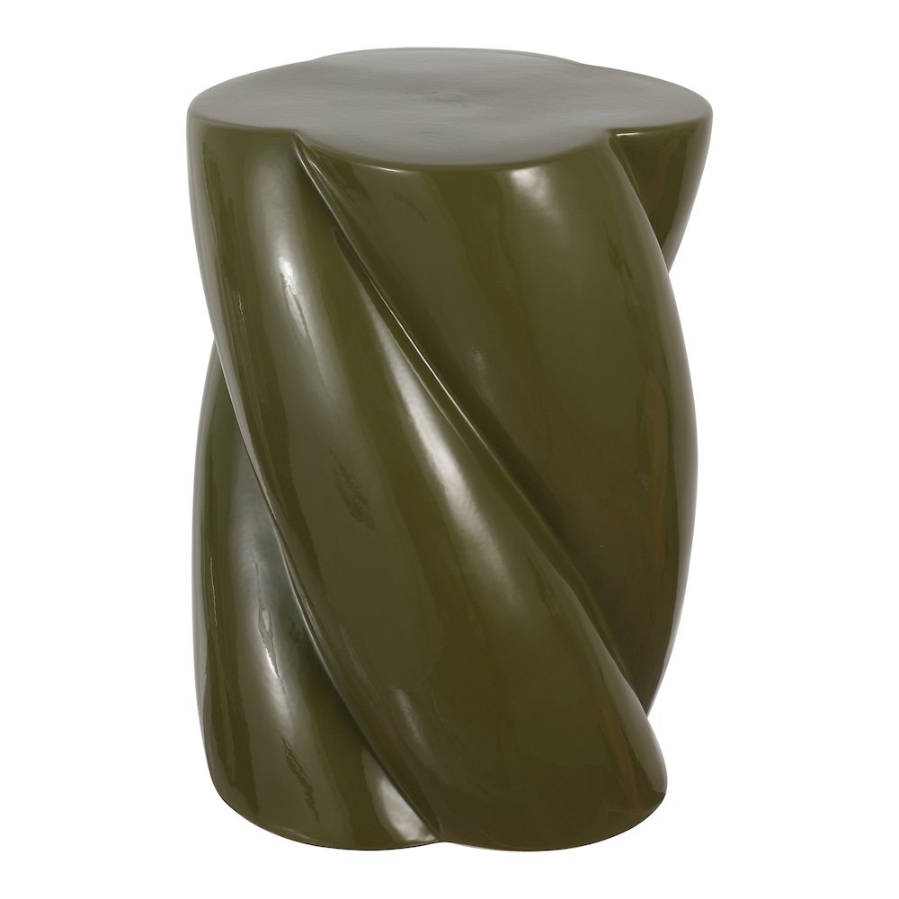 Yves 17.5" Glossy Forest Green Ceramic Twisted Garden Stool - Indoor/Outdoor. Picture 1