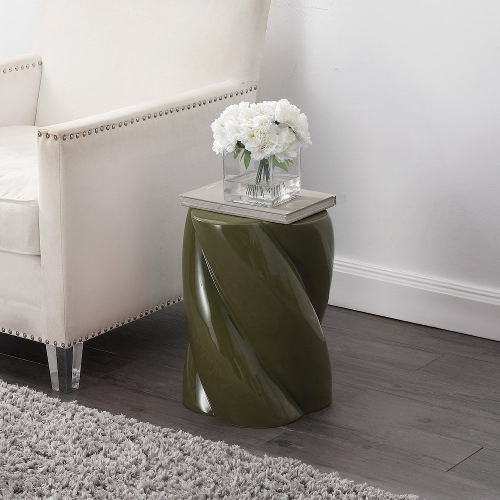 Yves 17.5" Glossy Forest Green Ceramic Twisted Garden Stool - Indoor/Outdoor. Picture 3