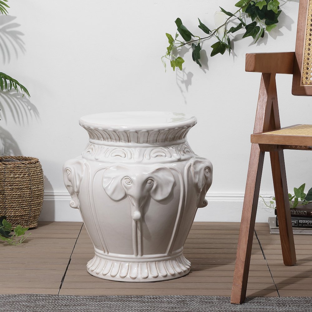 Anita 18" Bohemian White Elephant Ceramic Garden Stool - Indoor/Outdoor Glazed. Picture 2
