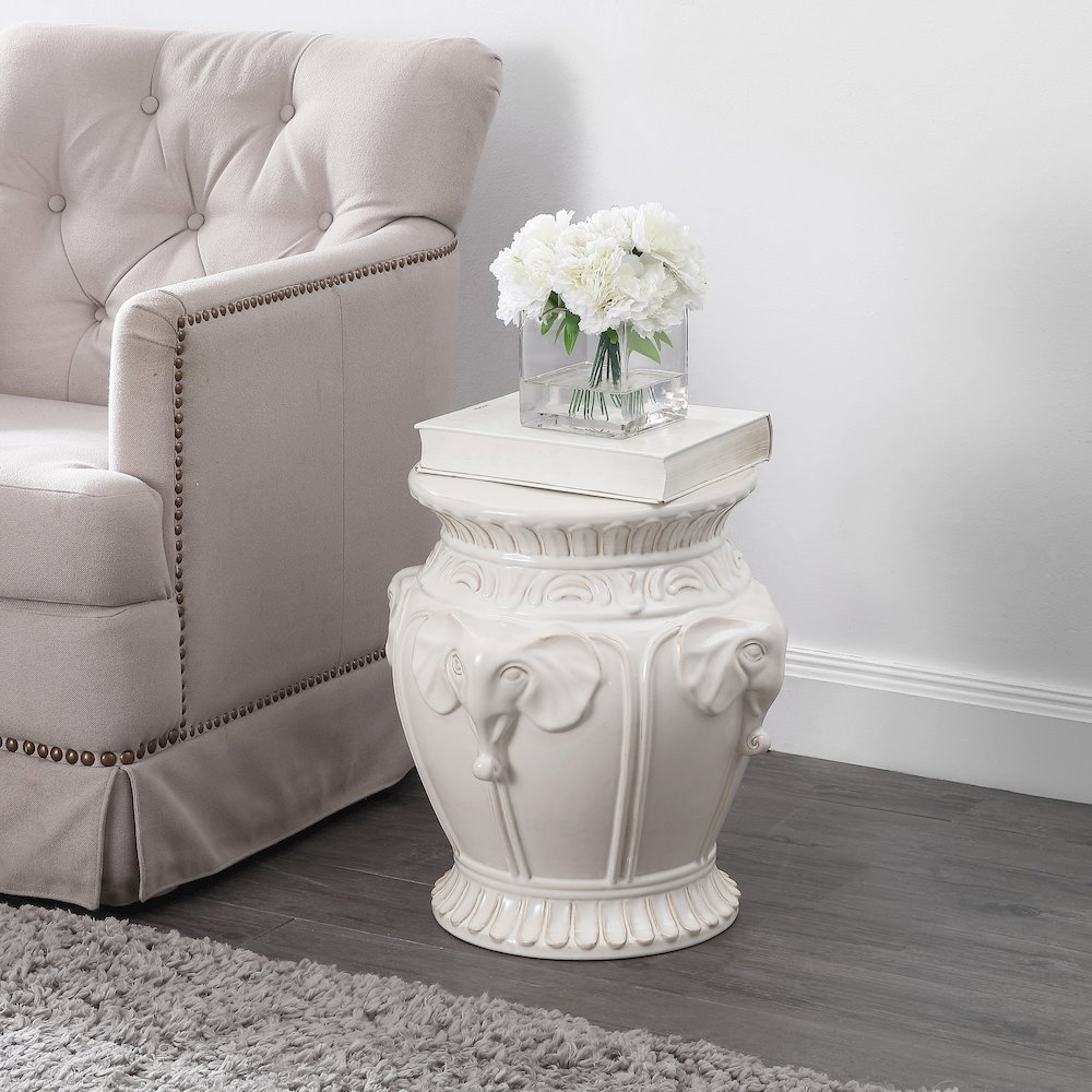 Anita 18" Bohemian White Elephant Ceramic Garden Stool - Indoor/Outdoor Glazed. Picture 3