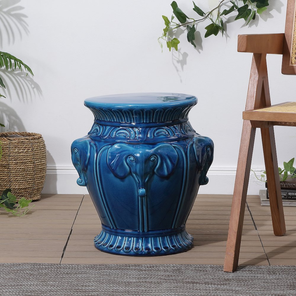 Anita 18" Bohemian Blue Cracks Elephant Ceramic Garden Stool - Indoor/Outdoor. Picture 2