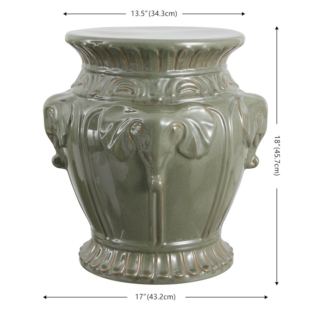Anita 18" Bohemian Antique Green Elephant Ceramic Garden Stool - Indoor/Outdoor. Picture 4