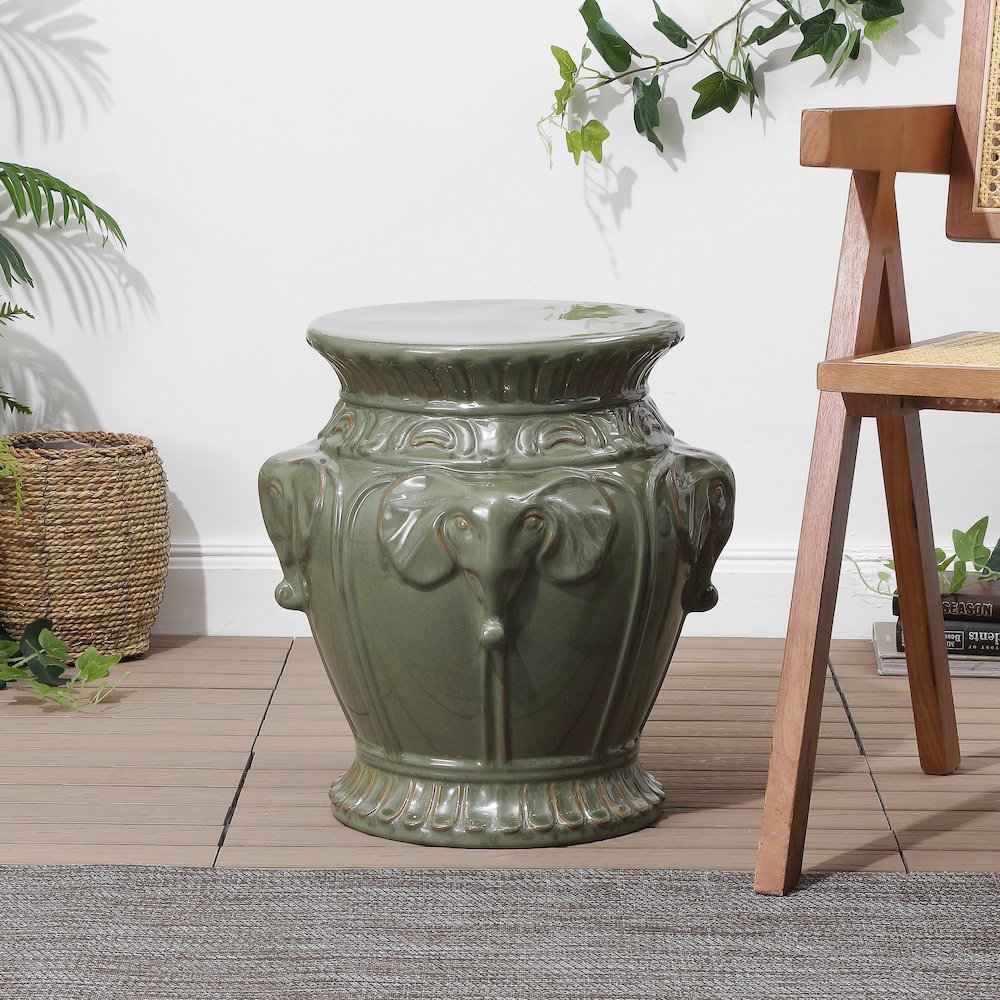 Anita 18" Bohemian Antique Green Elephant Ceramic Garden Stool - Indoor/Outdoor. Picture 2