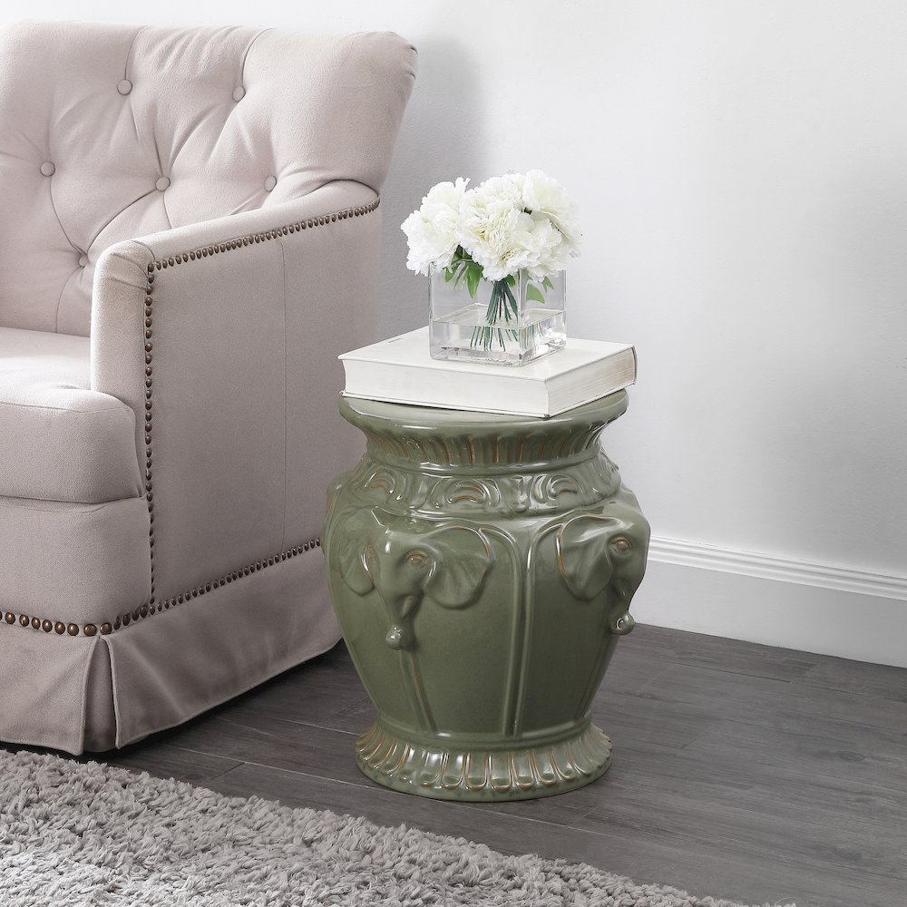 Anita 18" Bohemian Antique Green Elephant Ceramic Garden Stool - Indoor/Outdoor. Picture 3